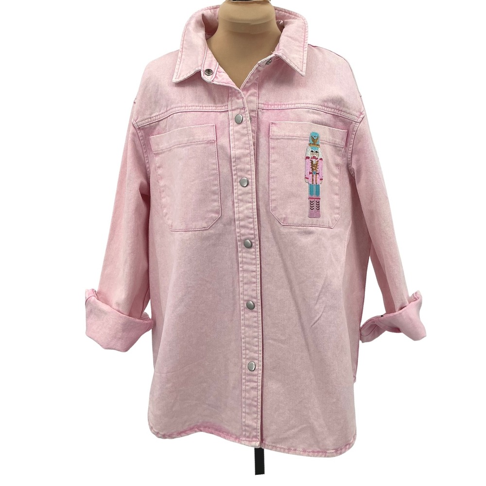 Bagatelle Collection Pink‎ Denim Shirt Jacket Nutcracker Embroidery M
